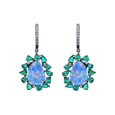 Mixed Media Opal and Emerald Single Drop Earrings